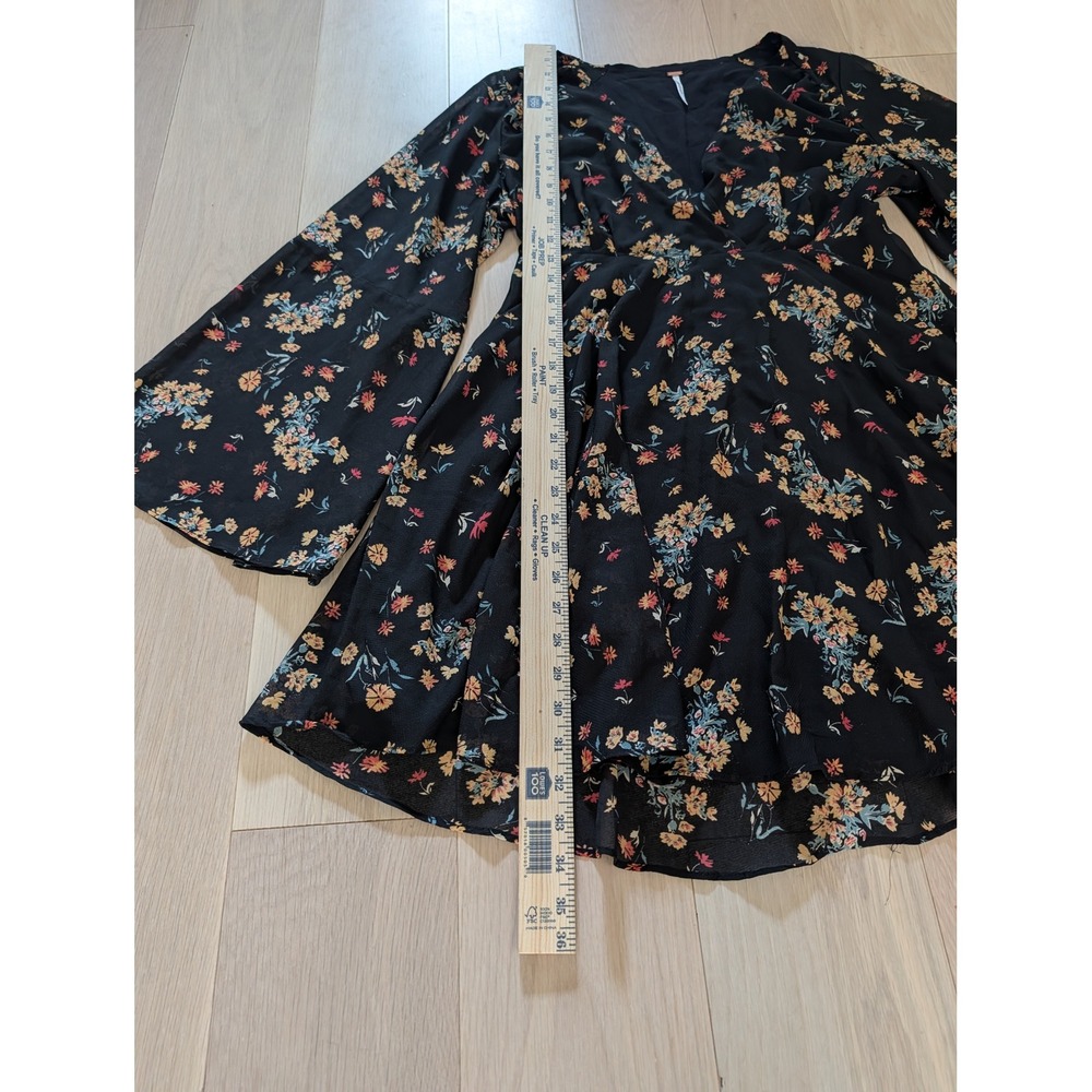 Free People Black Floral Long Sleeve Mini Dress Medium | Boho Romantic | Flowy - Picture 4 of 12
